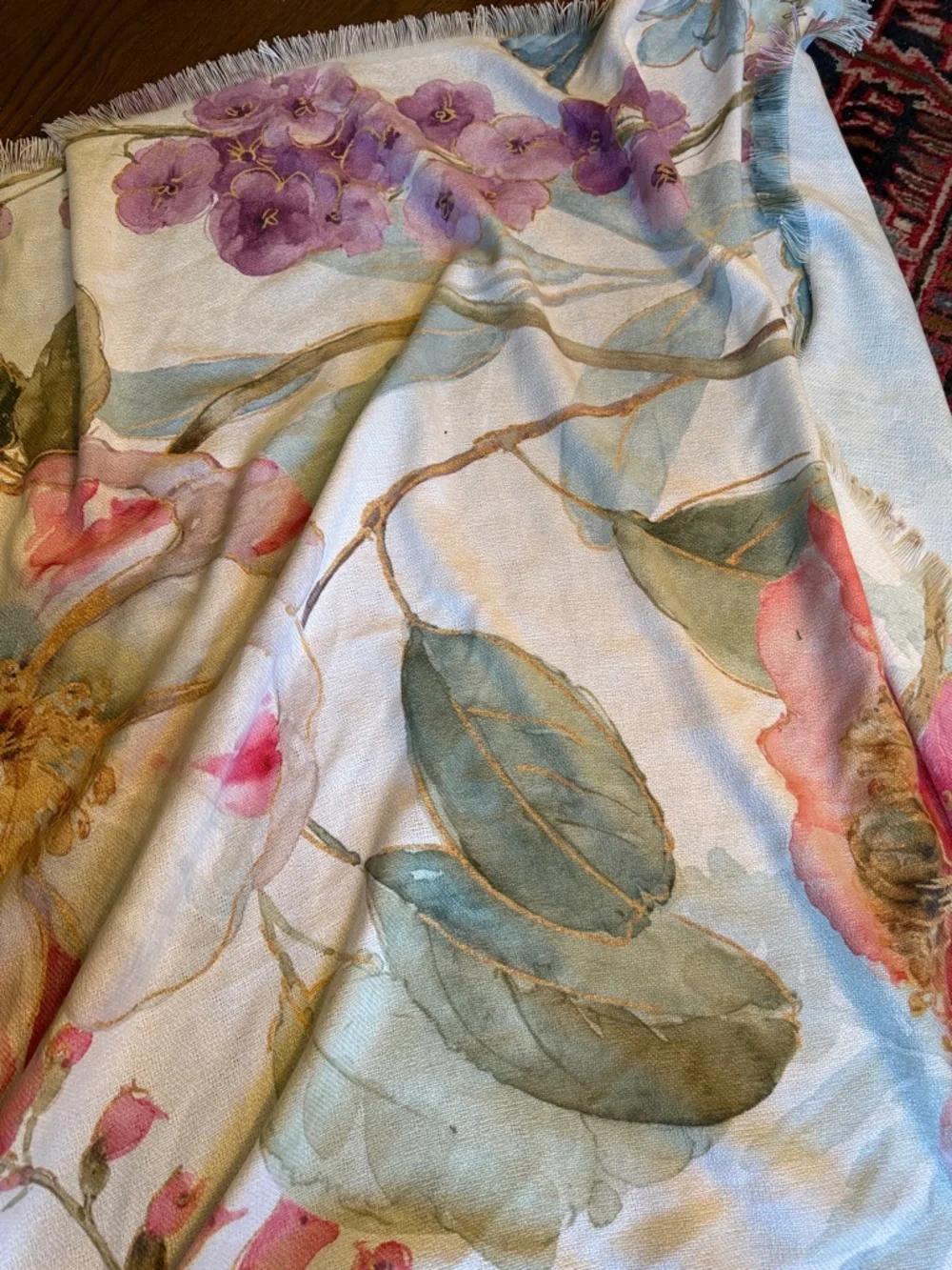 Floral Watercolor Throw Blanket in Cream with Pink & Purple Accents